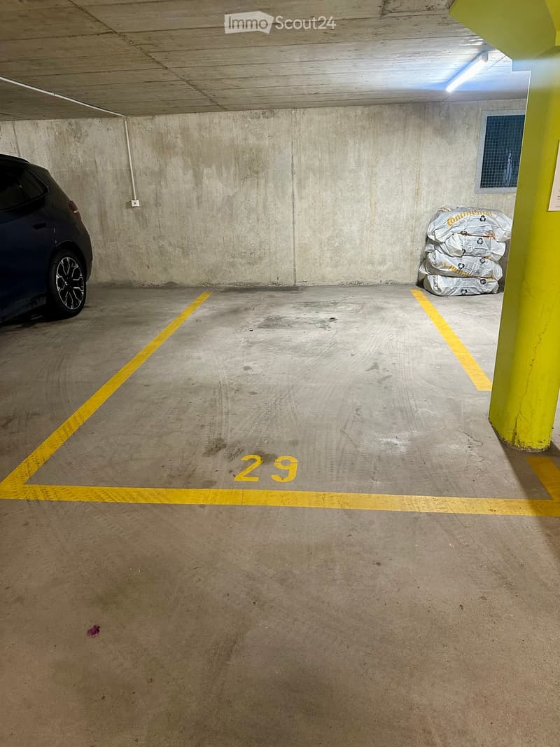 Underground parking space with concrete walls, a parked car, and a yellow-painted parking spot number29.