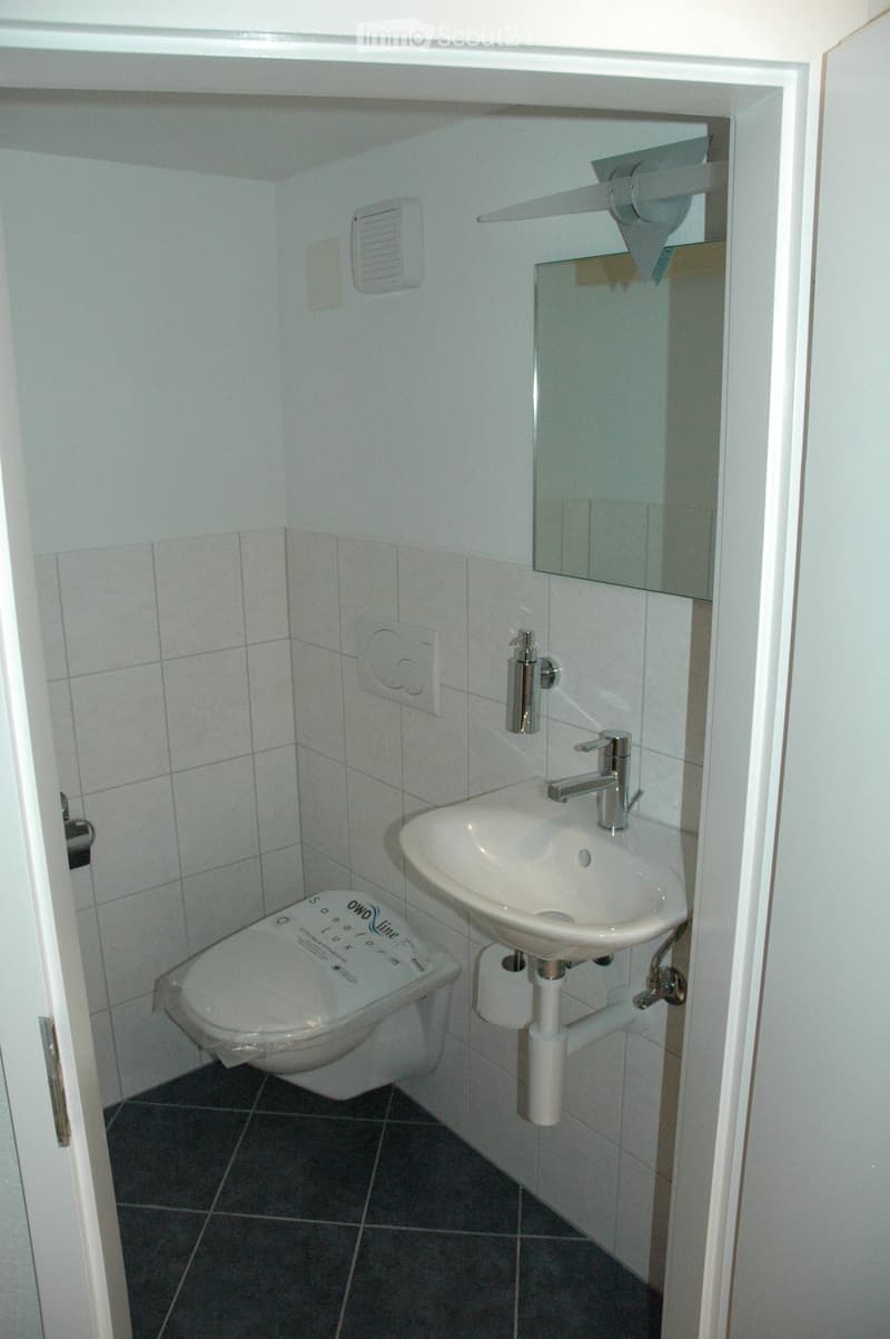 Compact bathroom with a toilet, sink, mirror, and soap dispenser. Light-colored tiles and a dark tiled floor.