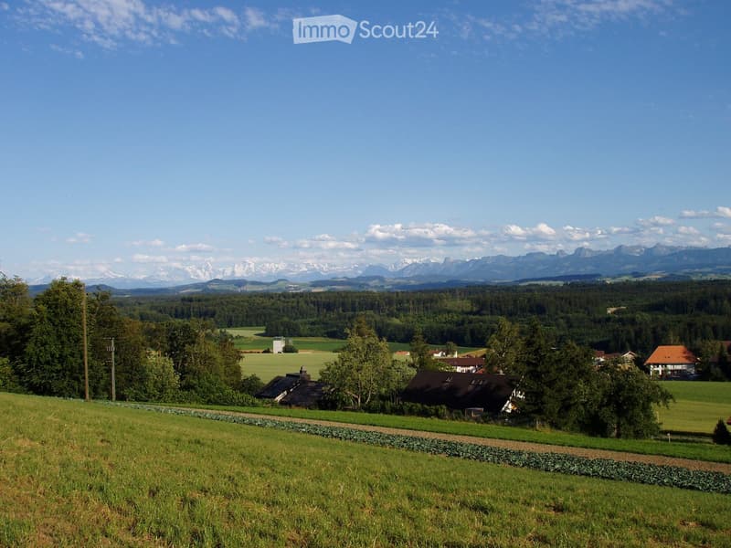 A rural landscape with green fields, scattered houses, and distant mountains under a clear blue sky.