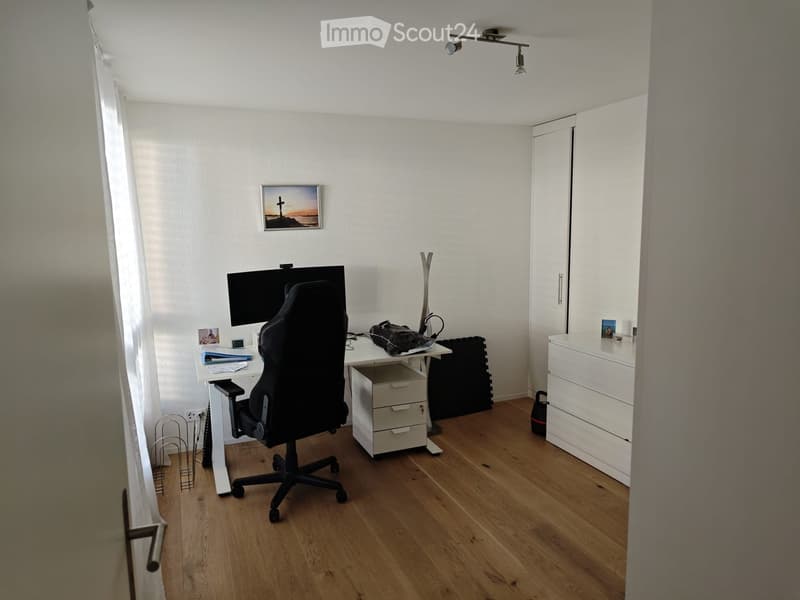 A modern, well-lit room with wooden flooring, a desk with a chair, a screen, a cabinet, and a picture frame on the wall.