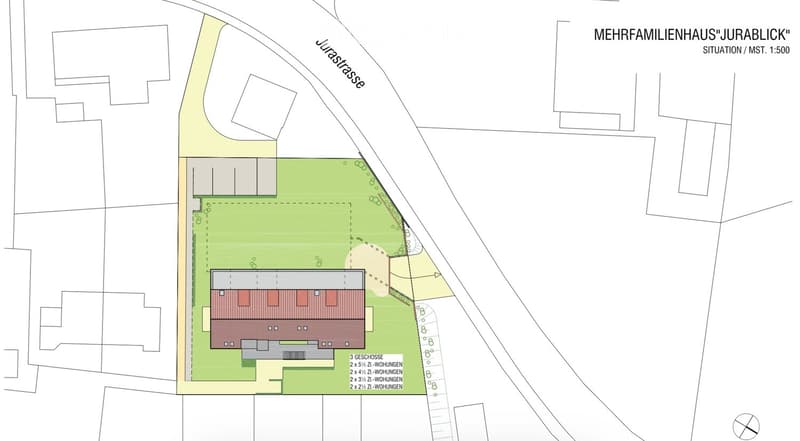 Floor plan of a multi-family house named "MEHRFAMILIENHAUS "JURABLICK"" showing a three-story building with various apartment sizes, surrounded by a green area and adjacent to Jurastraße.