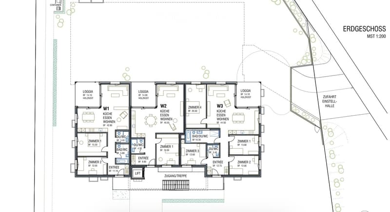 Ground floor plan showing three apartments (W1, W2, W3) with kitchens, living spaces, bedrooms, bathrooms, and entrances. Includes loggias, elevator access, and parking area.