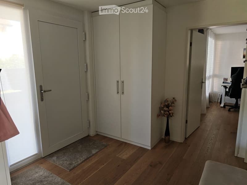 A hallway with wooden flooring, white walls, and a large mirrored wardrobe. A vase with dried flowers is placed on the floor near the wardrobe, and a small rug is placed in front of the door.