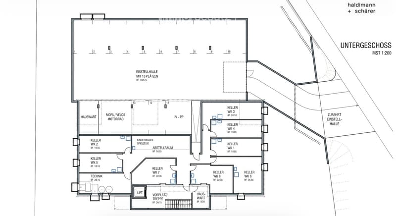 Floor plan of a basement level showing multiple parking spaces, storage areas, technical room, and various labeled zones including 'Keller WK' (cellar parking spaces) and 'Abstellraum' (storage room).