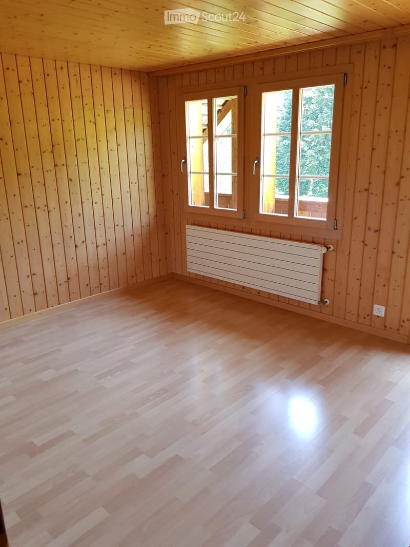 Empty room with wooden walls, wooden floor, large windows, and a radiator.