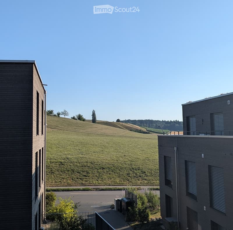 View from a balcony showing modern buildings on either side with a large, open grassy field in the background under a clear blue sky.
