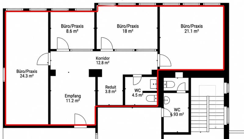 Floor plan showing four office/practice rooms, a corridor, reception area, two bathrooms, and a storage area.