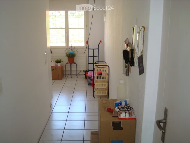 Empty hallway with tiled floor, white walls, and a window at the end. Various items including a small cart, potted plants, and boxes are placed along the walls.