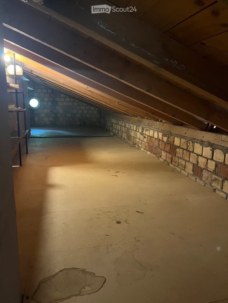 Empty attic space with exposed wooden beams, brick walls, and a concrete floor. The area is illuminated by ceiling lights, and there is a visible water stain on the floor.