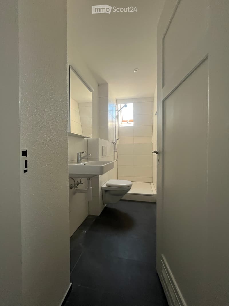Modern bathroom with a sink, toilet, mirror, and showerhead. The space is compact with white tiles and a dark floor.