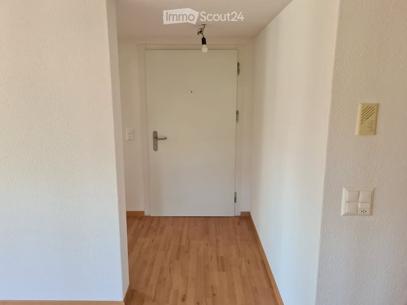 Empty hallway with wooden flooring, white walls, a closed white door, and a single light fixture on the ceiling.