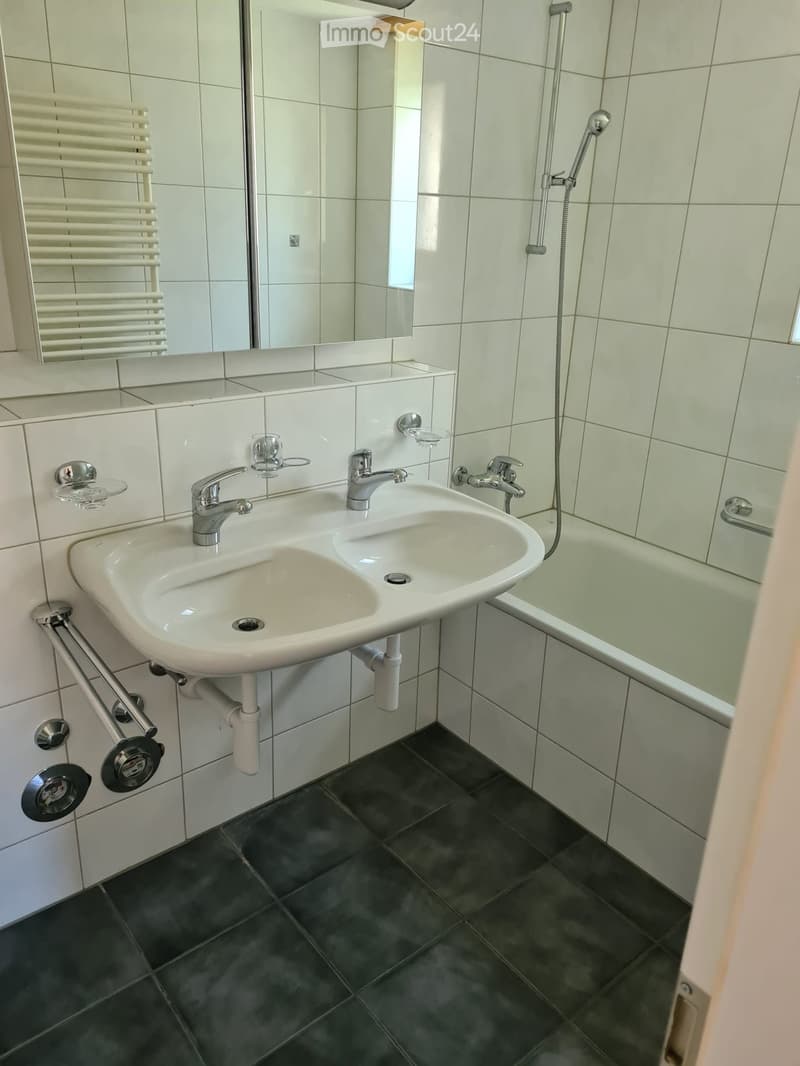 Modern bathroom with a white double sink, chrome faucets, a bathtub, a mirror, and a white radiator.
