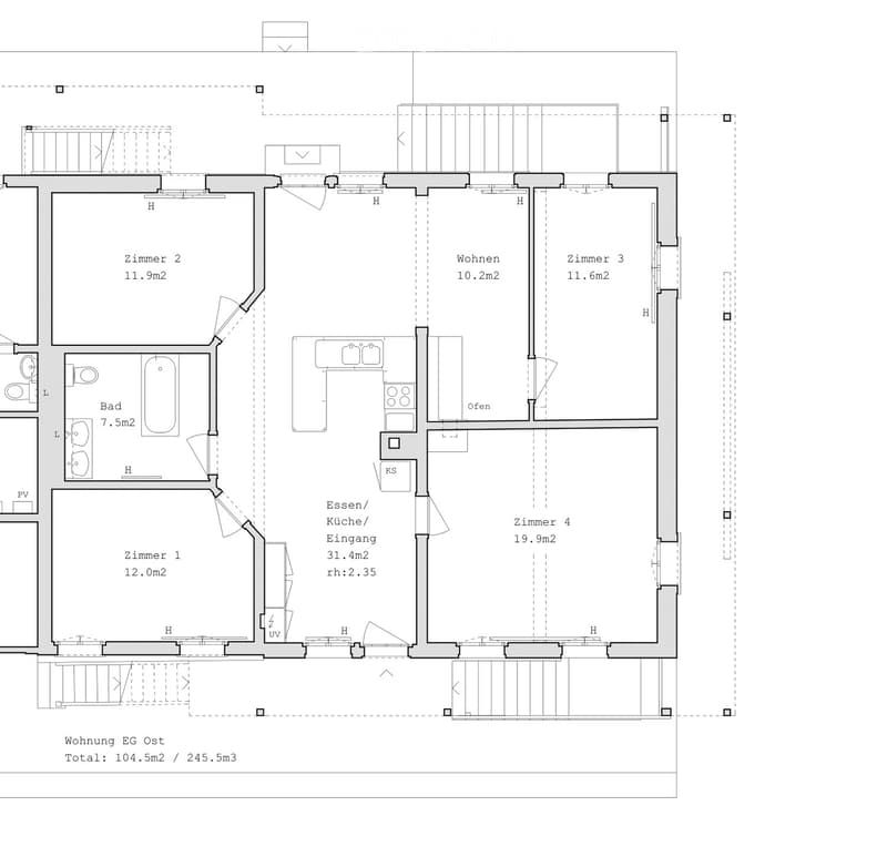 Floor plan of a 104.5 m² apartment with four bedrooms, a bathroom, a kitchen/dining area, and a living area. Includes labeled rooms and dimensions.