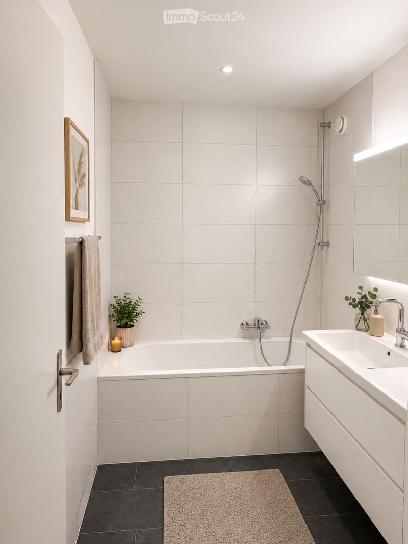 Modern bathroom with white tiles, a bathtub, a sink with a modern faucet, a towel, a small plant, a candle, and a picture frame on the wall.