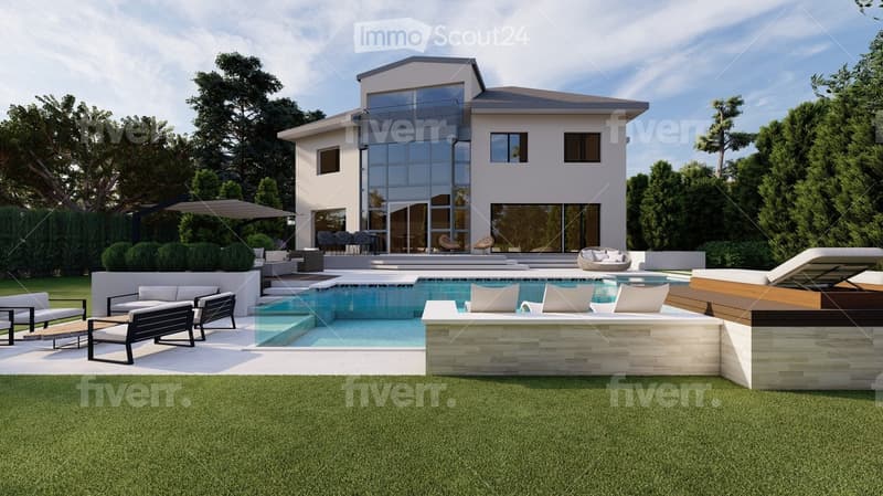 Modern outdoor area with a swimming pool, lounge chairs, and a contemporary house in the background.