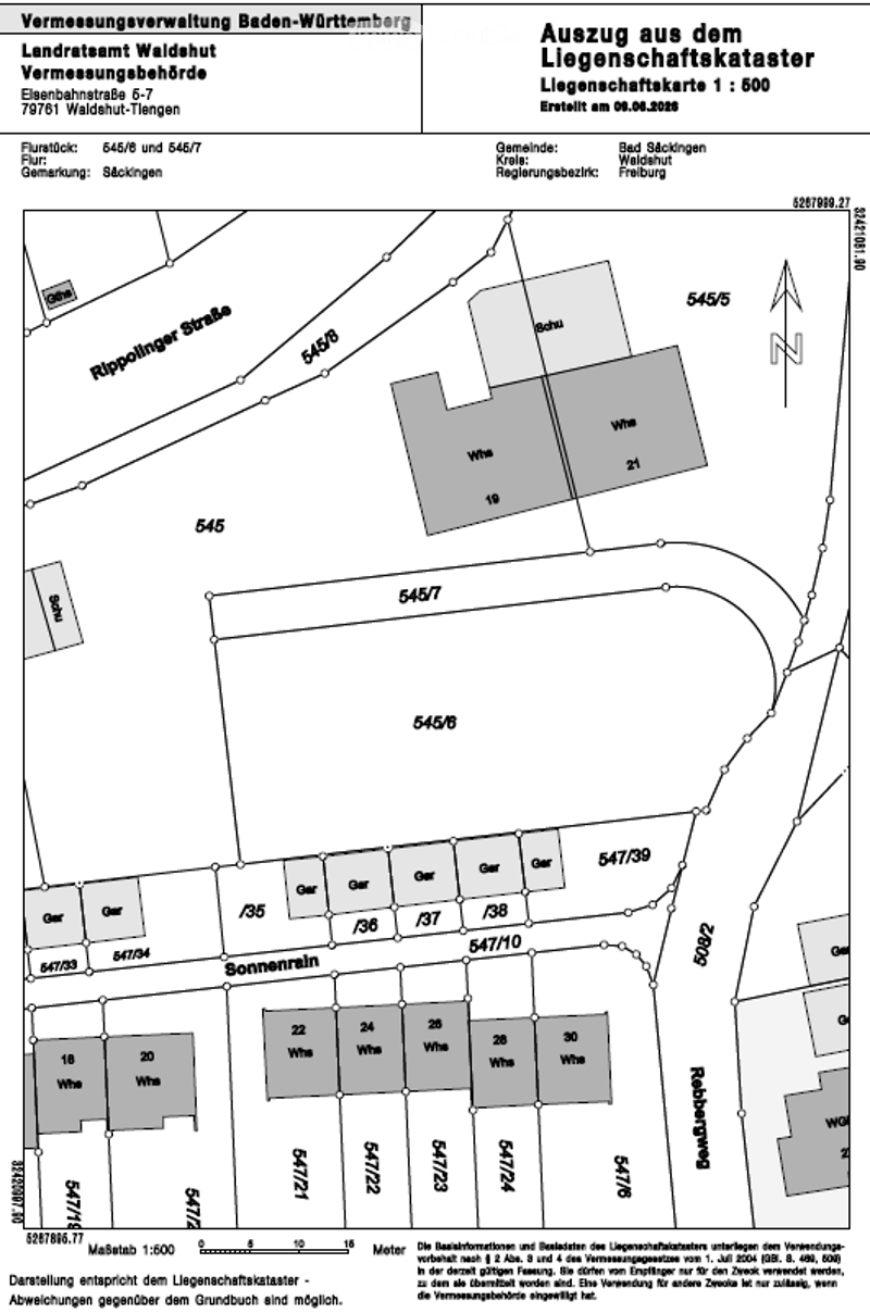 Official land registry extract showing property boundaries and plot numbers in Waldshut-Haengen, Baden-Württemberg. Includes labeled plots, streets, and reference points.