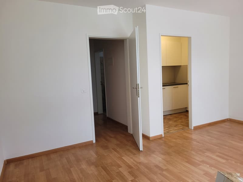 Empty room with light wooden flooring and white walls, featuring two open doors leading to other rooms.