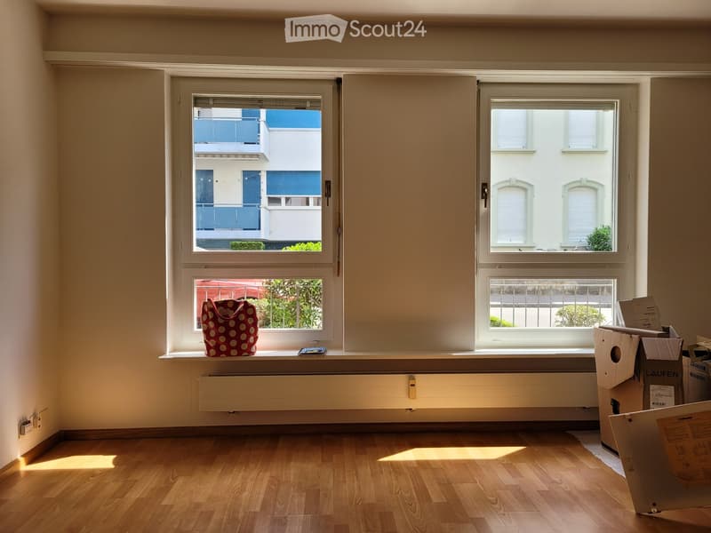 Empty room with wooden flooring, large windows, radiator, and some cardboard boxes in the corner.