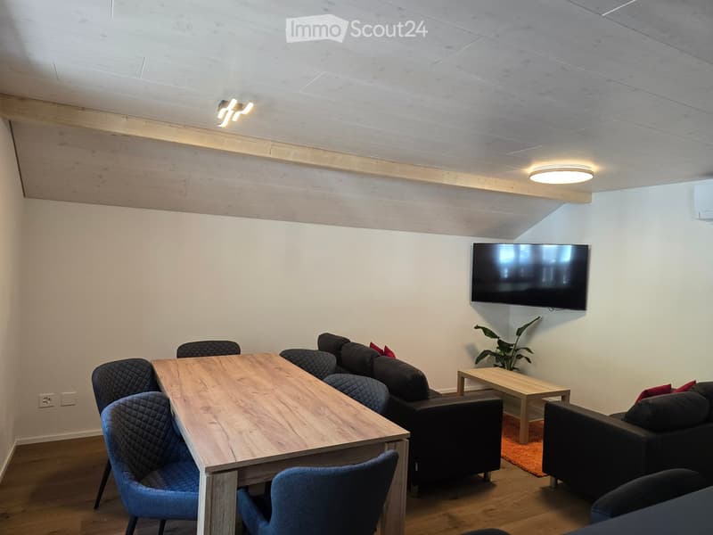 Modern living room with a wooden table, blue chairs, dark sofas, a flat-screen TV, and a small plant on a side table.