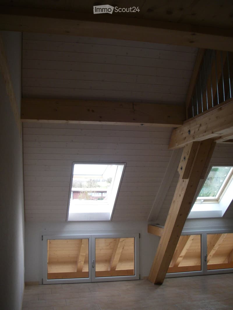 An empty attic space with wooden walls and ceiling, large skylights, and a sliding glass door leading to another room.