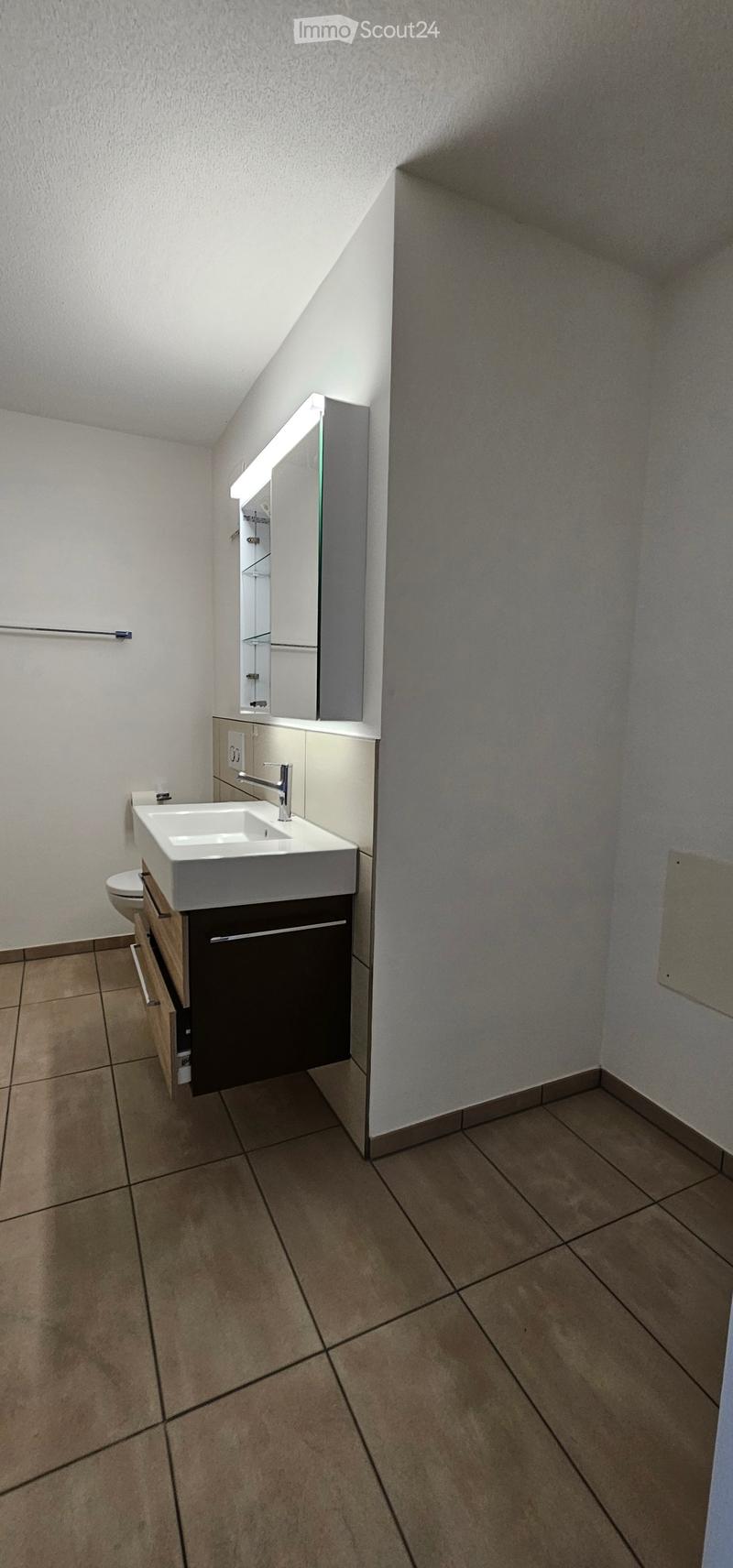 Modern bathroom with a white sink, chrome faucet, built-in cabinet, and a mirror with built-in lighting. The floor is tiled, and the walls are painted white.