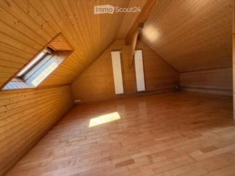 Empty attic space with wooden walls and floor, skylight window, exposed wooden beams, and white built-in closet doors.