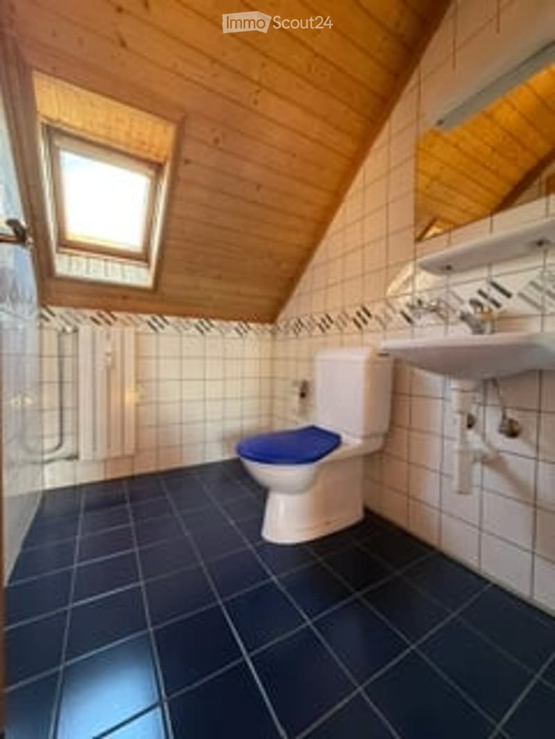 Bathroom with wooden ceiling, blue tiled floor, white tiled walls, toilet, sink, and mirror.