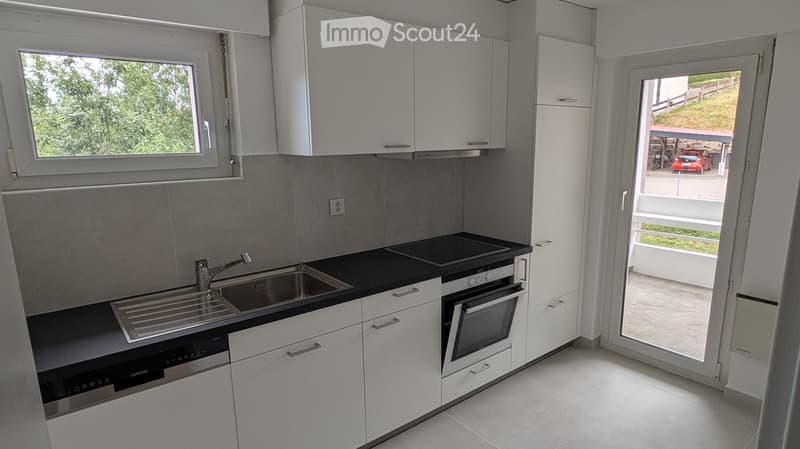 Modern kitchen with white cabinets, black countertop, stainless steel sink, oven, and dishwasher. Large window and sliding door leading to outdoor area.
