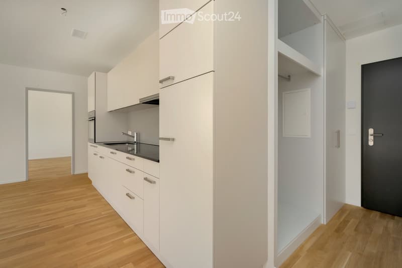 Modern kitchen with white cabinets, wooden flooring, and stainless steel appliances including a sink, faucet, and oven.