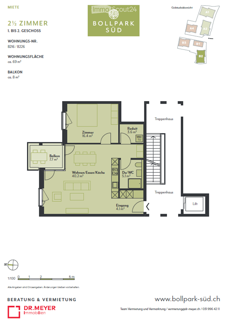 Floor plan of a 2.5-room apartment on the 1st to 2nd floor, including a living/dining/kitchen area, bedroom, bathroom, hallway, and balcony.