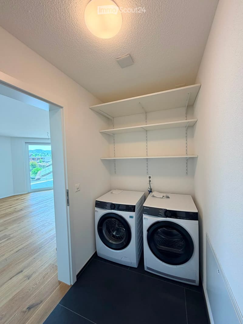 Modern laundry room with a washing machine, dryer, and built-in shelves. The room has a sleek design with dark tiles and white walls.