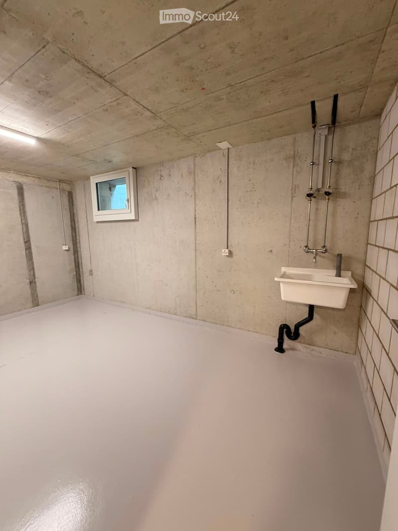 Empty room with concrete walls and floor, a small window, a sink with pipes, and a light fixture on the ceiling.