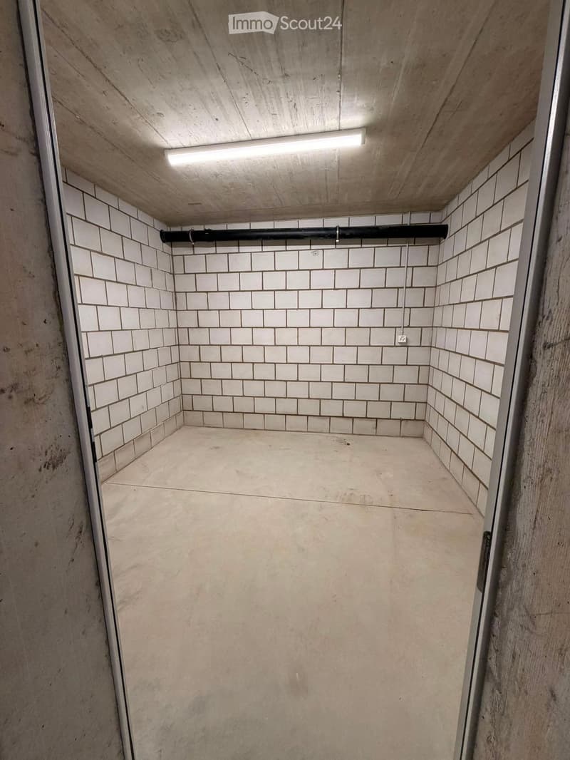 Empty closet with white tiled walls, wooden ceiling, and a single light fixture. No furniture or items present.