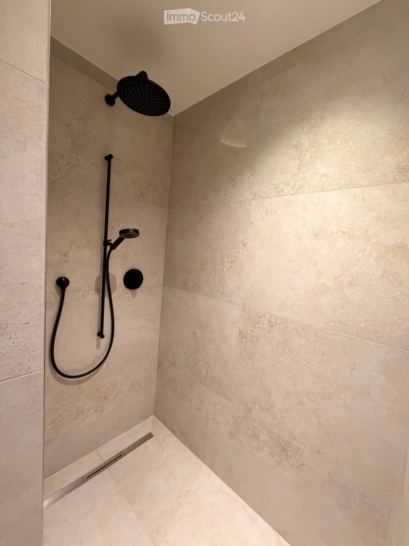 Modern shower area with beige tiles, a handheld showerhead, and a handheld hose.