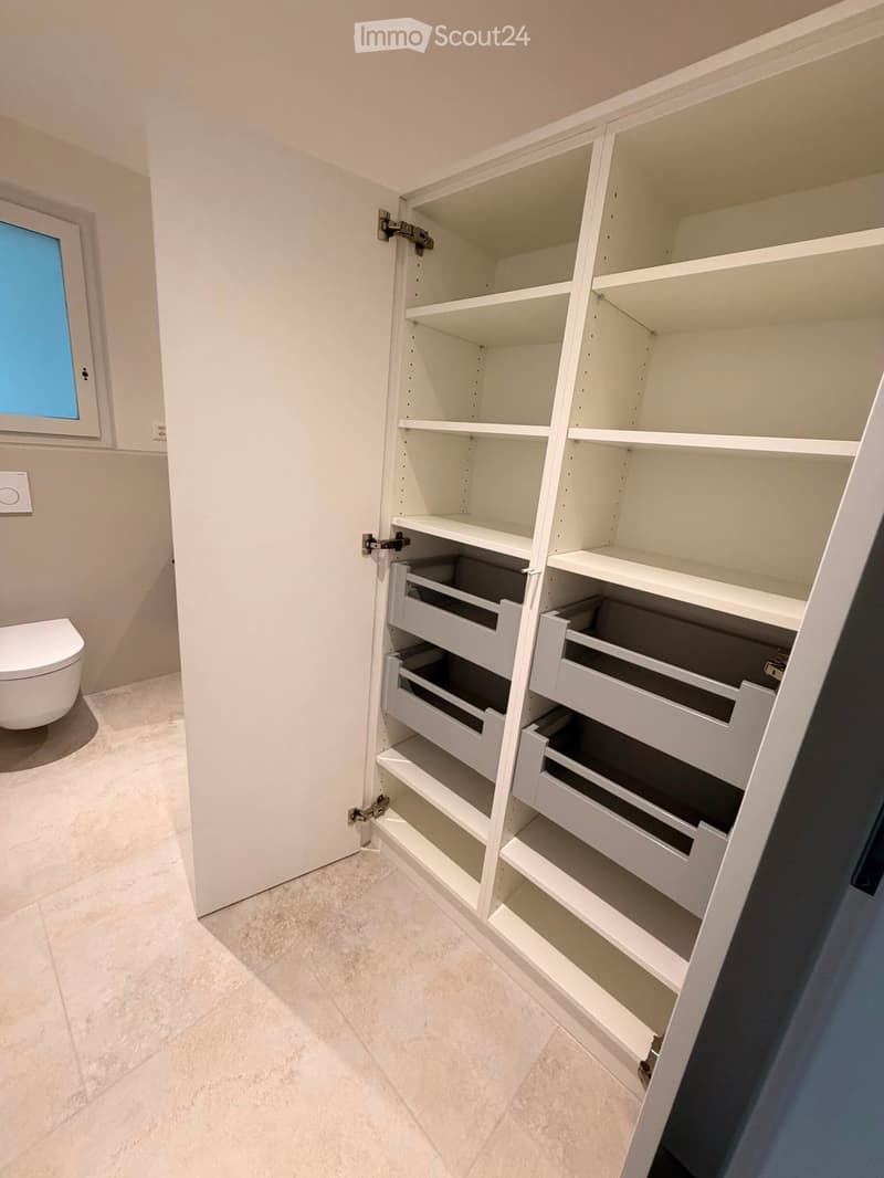Modern bathroom with a white toilet and a large, open white cabinet with multiple shelves and drawers.