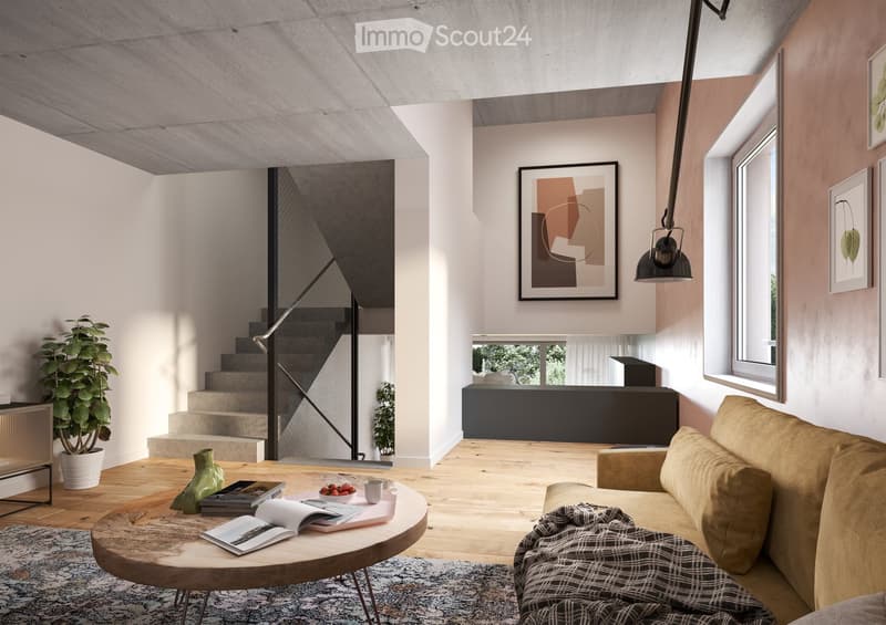Modern living room with a beige sofa, wooden coffee table, pendant light, and abstract artwork. Features a staircase with a metal railing and a potted plant in the corner.