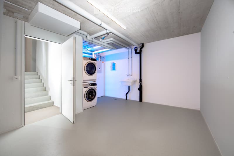 Modern, minimalist bathroom with a washing machine, sink, and visible pipes. The space is clean and well-lit with white walls and a concrete floor.