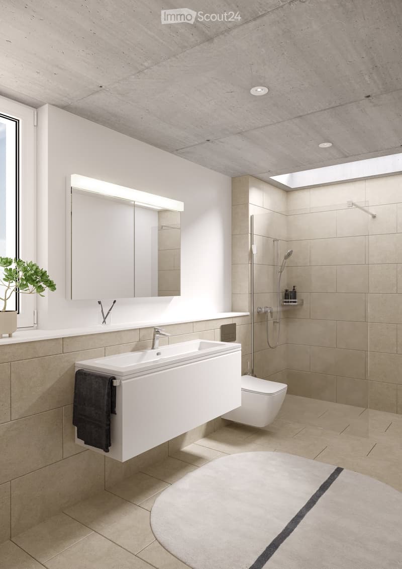 Modern bathroom with a white sink, large mirror, toilet, shower, and a round rug on the floor.