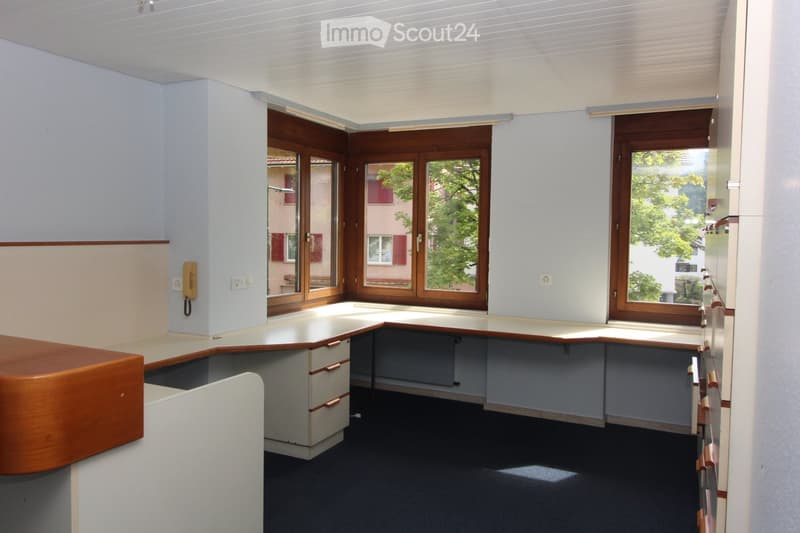 Office space with a curved wooden desk, a chair, and a telephone, featuring large windows and a view of greenery outside.