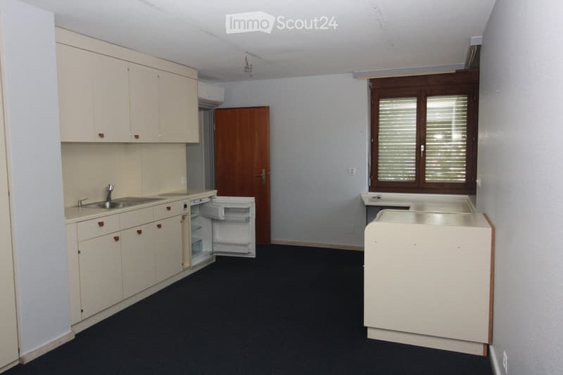 Modern kitchen with white cabinets, stainless steel sink, and an open refrigerator. The space features a window with blinds and a wooden door leading to another room.
