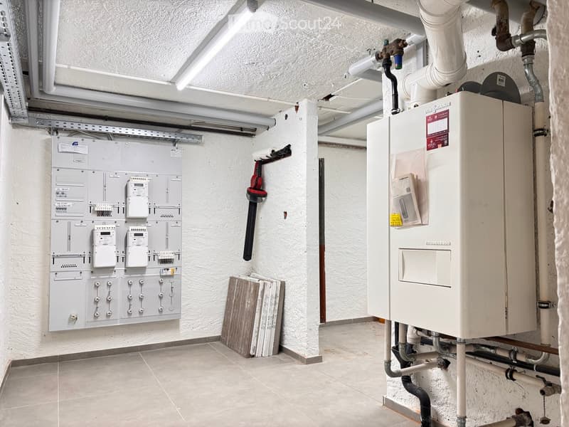 Utility room with electrical panel, water heater, and various pipes.
