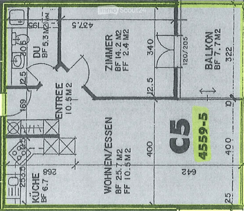 Floor plan showing entrance, kitchen, living room, bedroom, and balcony.