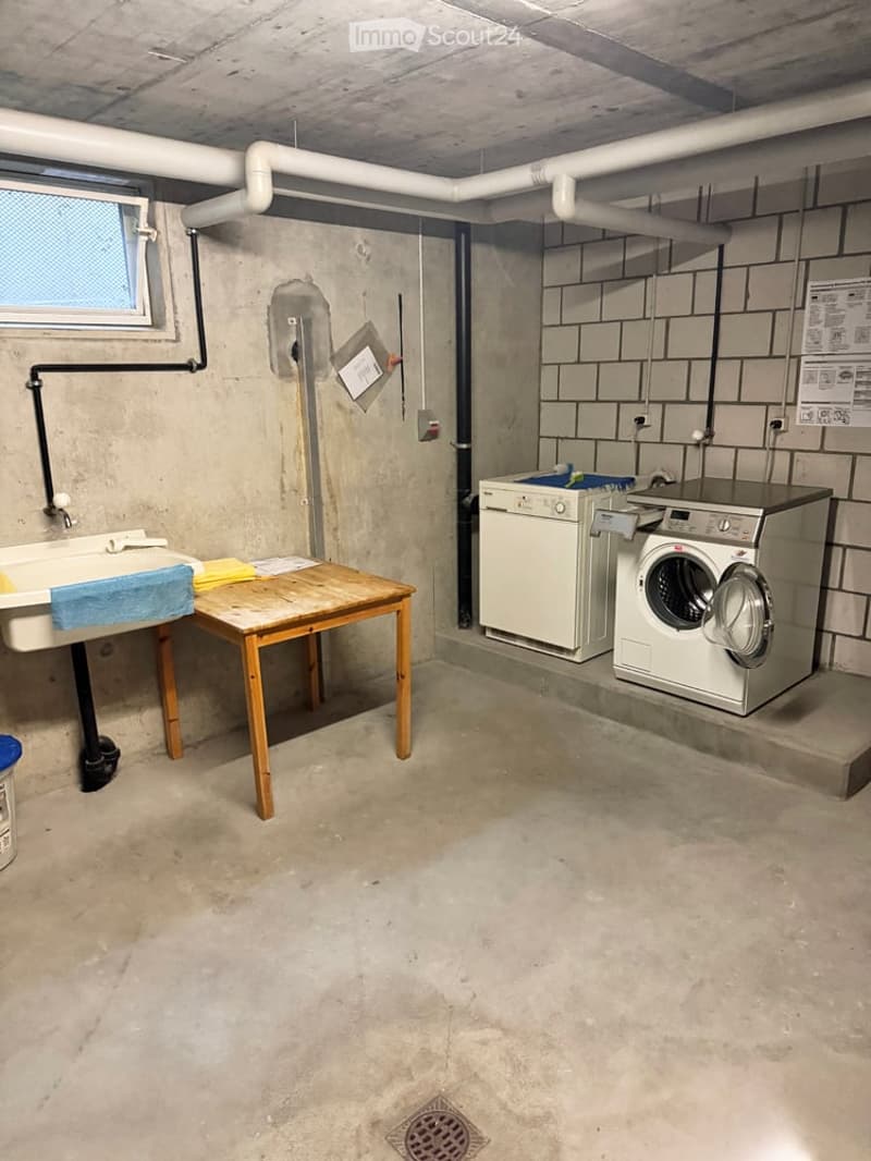 Laundry room with a wooden table, sink, washing machine, and dishwasher. Exposed concrete walls and floor, with pipes and a small window.