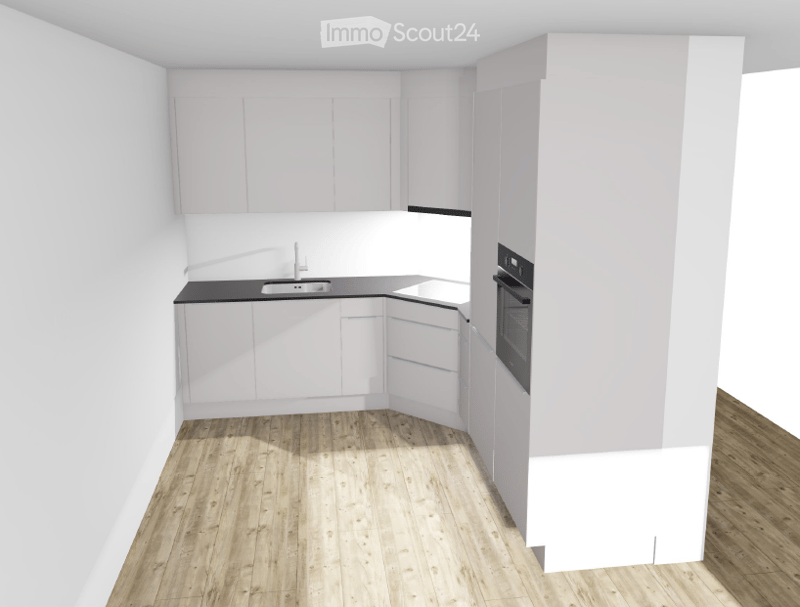 Modern kitchen with white cabinets, black countertop, and wooden flooring. Features a sink, oven, and ample storage space.