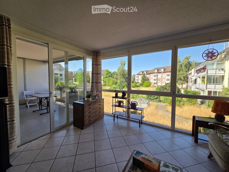 Bright living room with large windows offering a view of the neighborhood, furnished with a sofa, coffee table, chairs, a small table, a lamp, a cabinet, and potted plants.