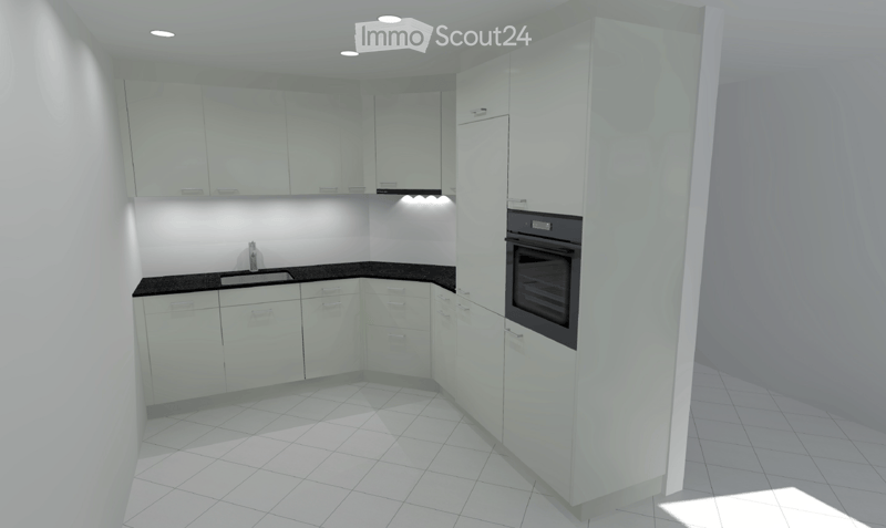 Modern kitchen with white cabinets, black countertop, white tiled floor, and built-in oven.