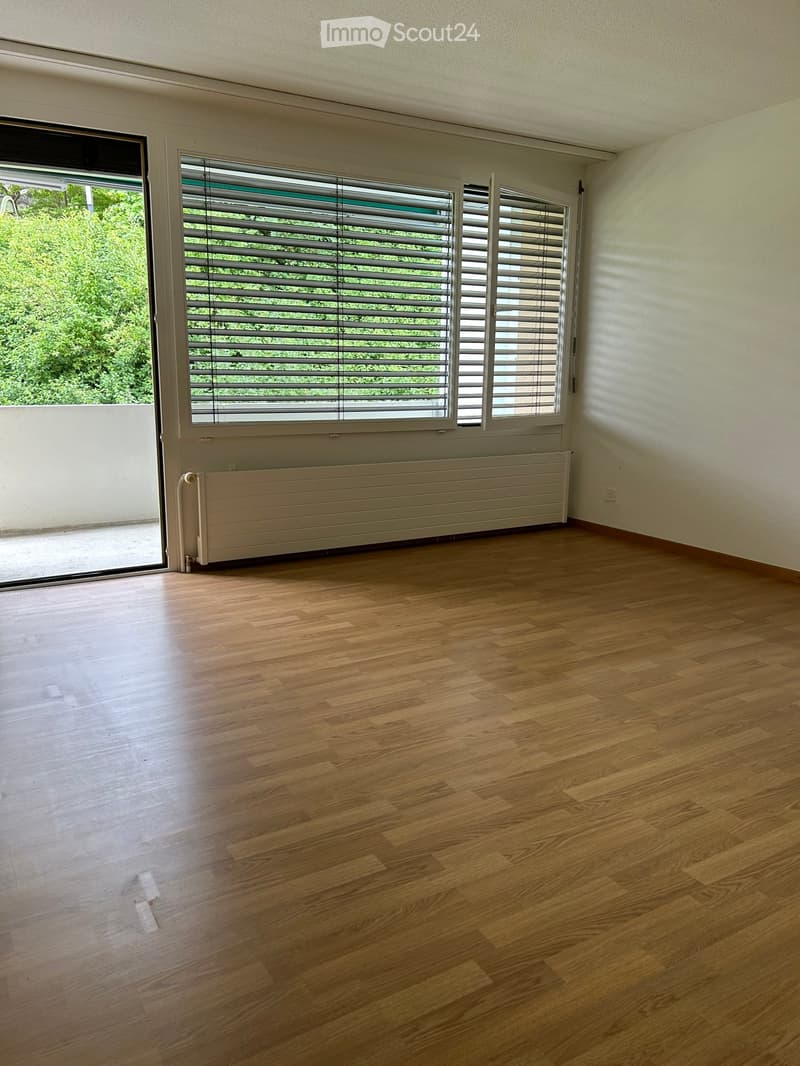 Empty room with wooden flooring, large window with blinds, radiator, and sliding glass door leading to a balcony.