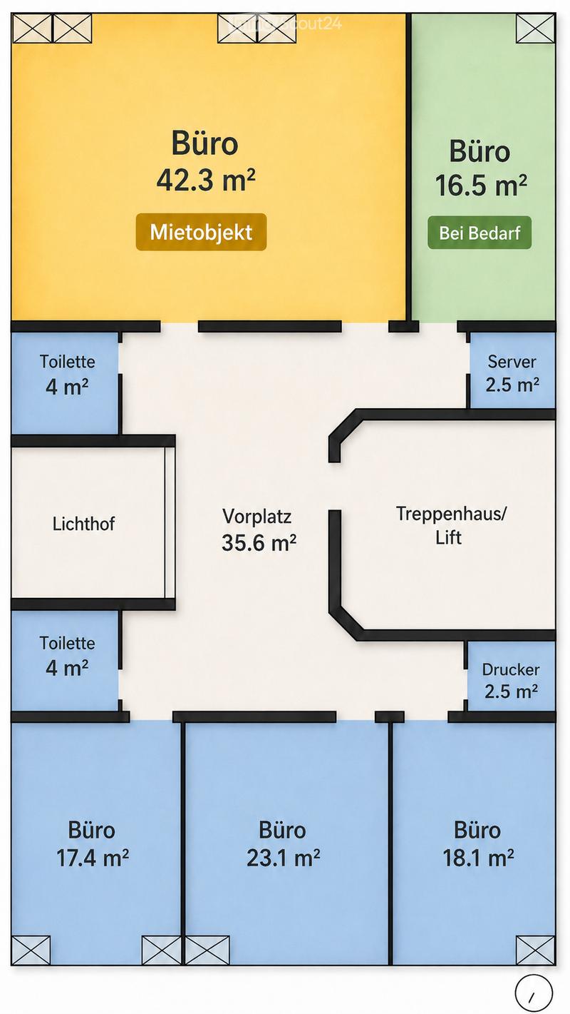 Floor plan showing multiple office spaces, two bathrooms, a hallway, a staircase/lift, a lightwell, and a printer room.