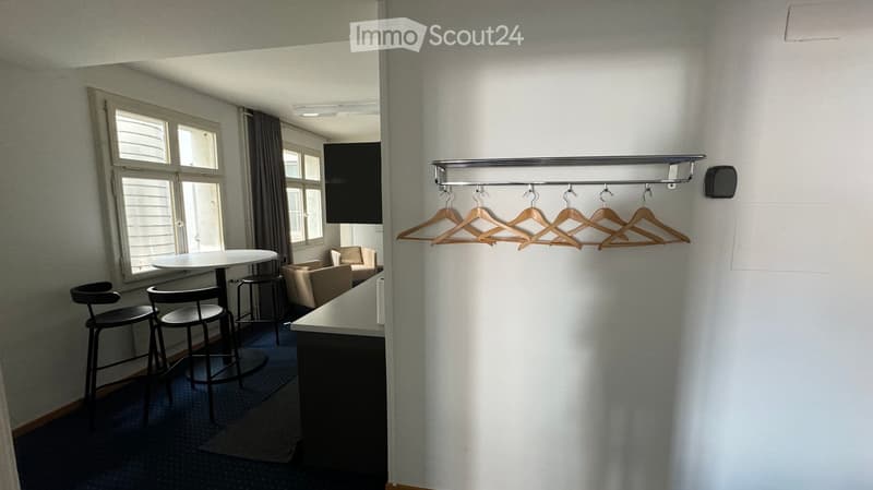 A furnished room with a round table, chairs, sofa, TV screen, and coat rack with hangers.