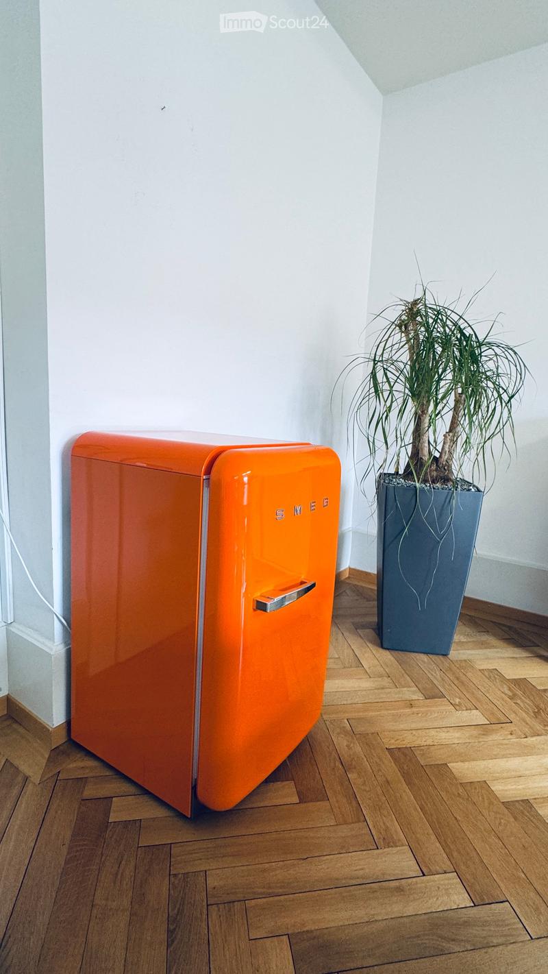 A bright room with a vintage-style orange refrigerator and a potted plant on a wooden floor.